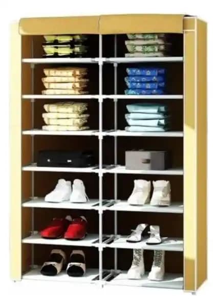 Bej Metal Profilli 2 Bölmeli Bez Dolap: 14 Raflı Amaçlı Depolama Çözümü Ev ve Ofis İçin