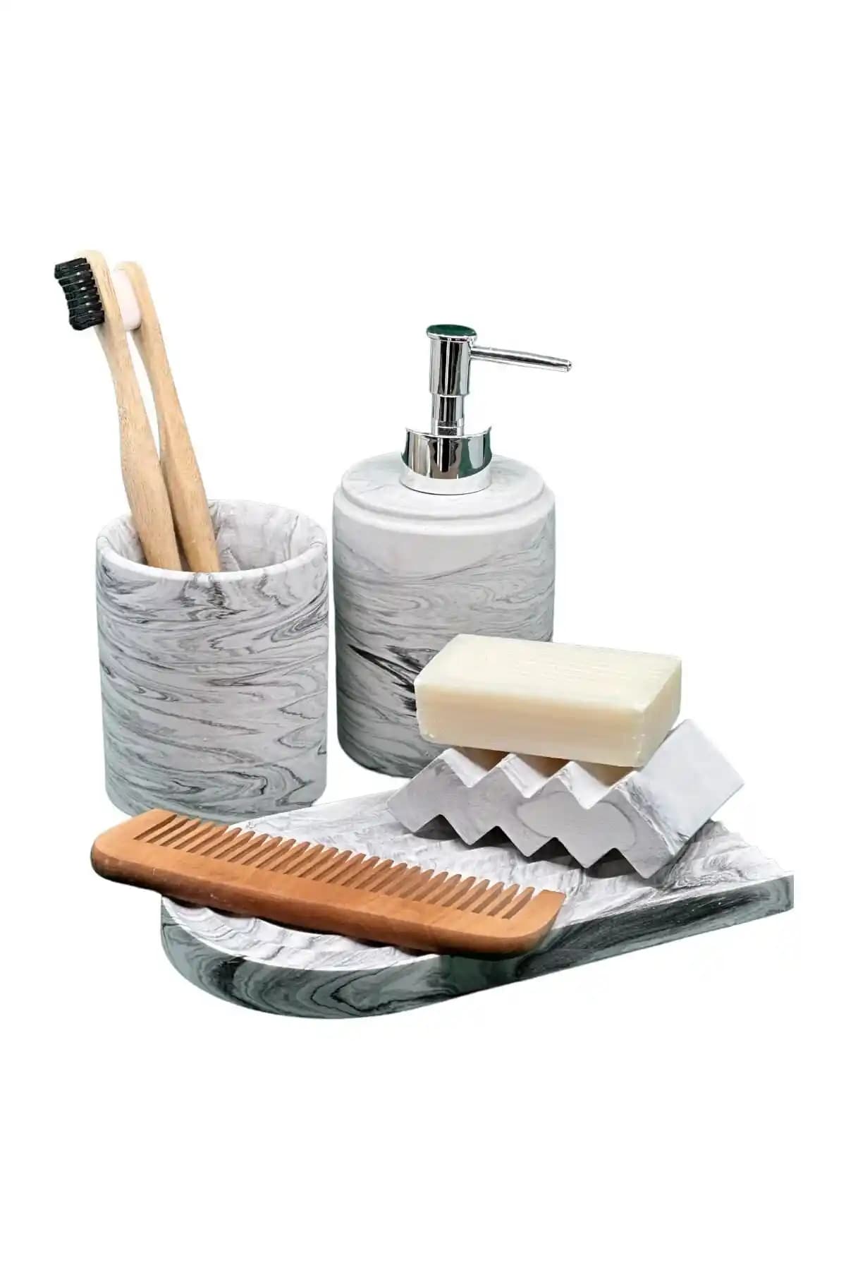 BetonMall 4'lü Mermer Desenli Beton Banyo Seti: Katı/Sıvı Sabunluk, Diş Fırçalık ve Tepsi