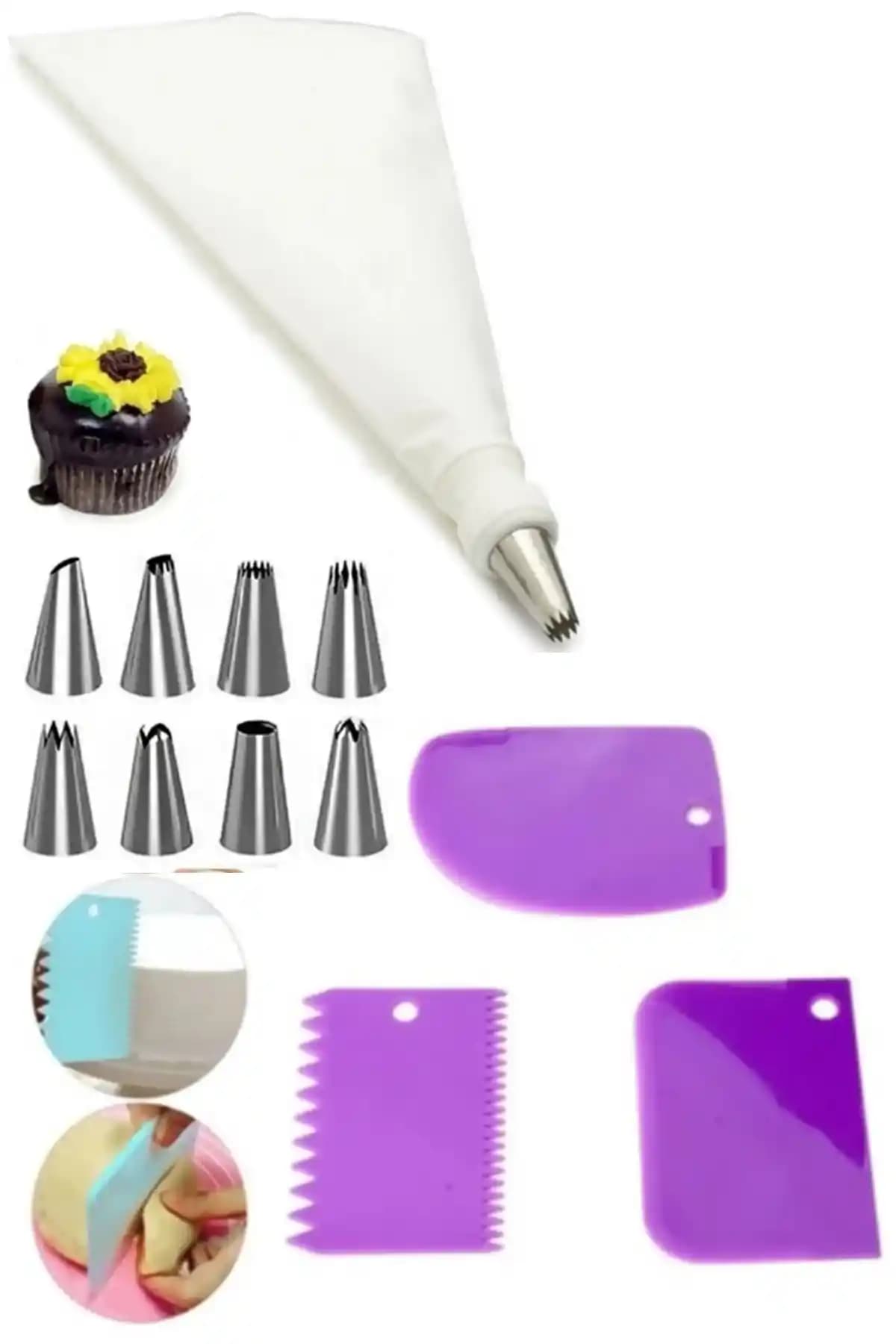Çelik 3'lü Hamur Kazıyıcı, Kesici ve Krema Sıkma Torbası Seti – 9 Uçlu Kek Süsleme için