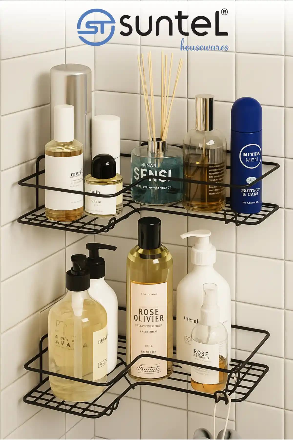 Dar Banyoda Kolay Düzen Sağlayan Köşe Yapışkanlı Siyah Metal Raf Takımı (2'li)