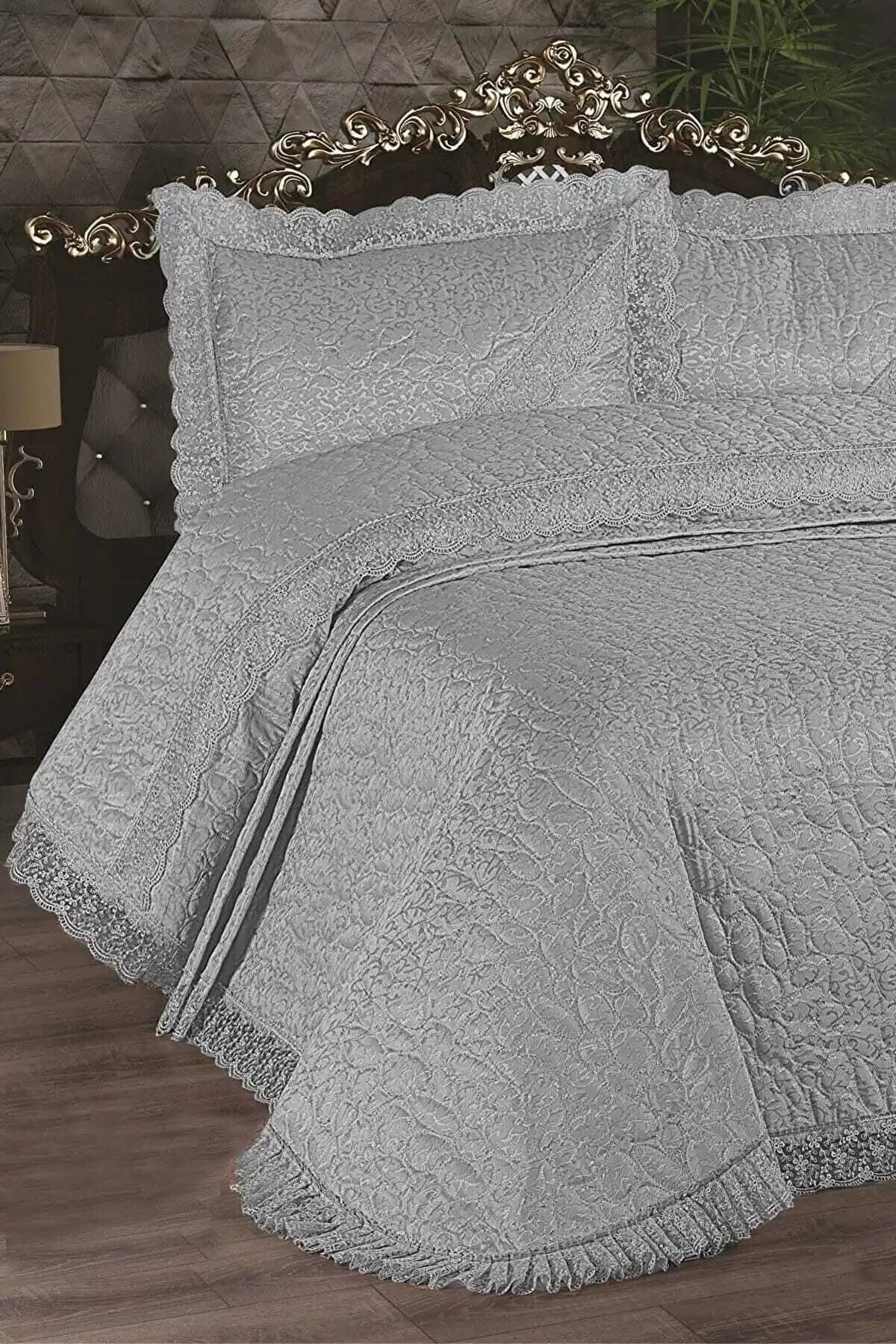 Elfida Fransız Güpürlü Jakarlı Yatak Örtüsü 3 Parça, 220x240 cm, %100 Pamuk, Gri Desen