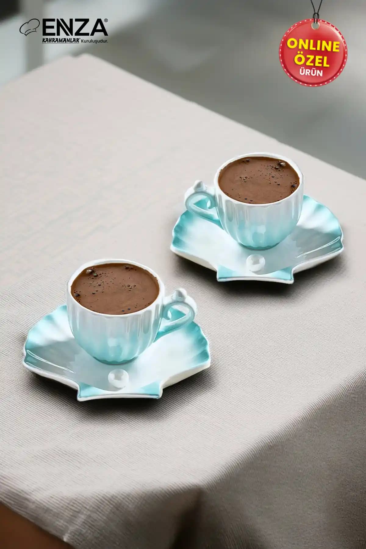 Enza Zümrüt 2'li Mavi Porselen Fincan Takımı – Çağdaş ve Şık Kahve/Çay Seti