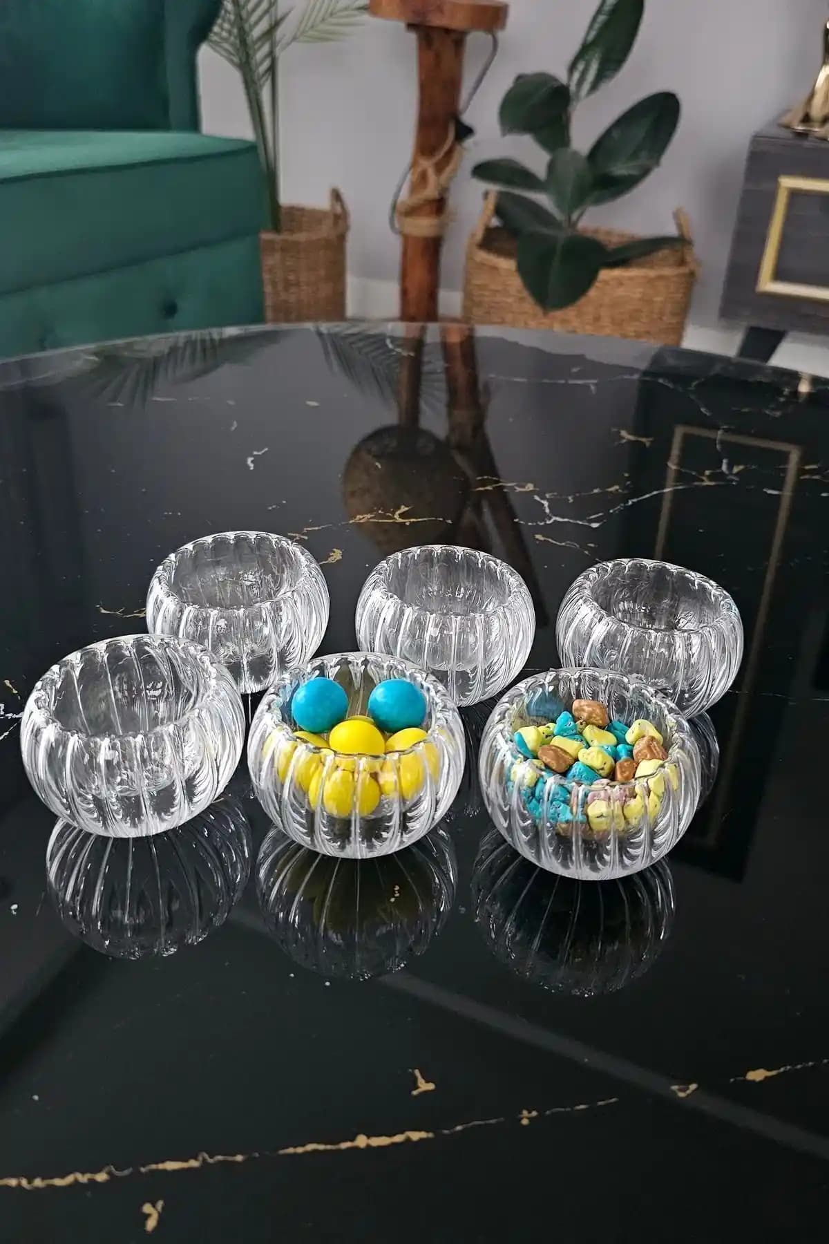 Gülümseten Avm 6'lı Çift Cidarlı Çizgili Lokumluk Şekerlik Seti – Cam Sunumla Şık Masa