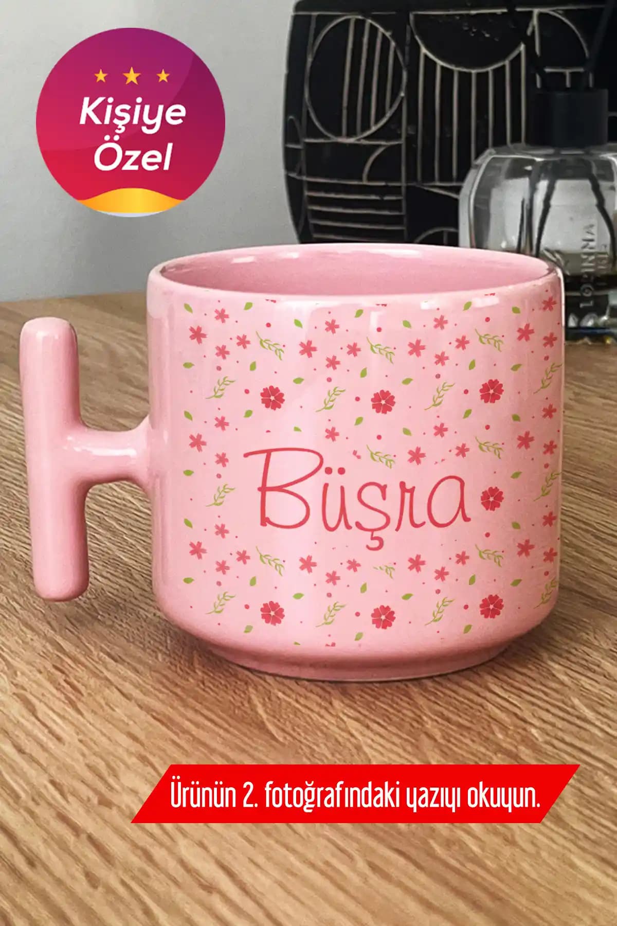 Kişiye Özel İsminizle Pastel Pembe Çiçek Desenli Seramik Kupa, 230 ml, Türkiye Üretimi