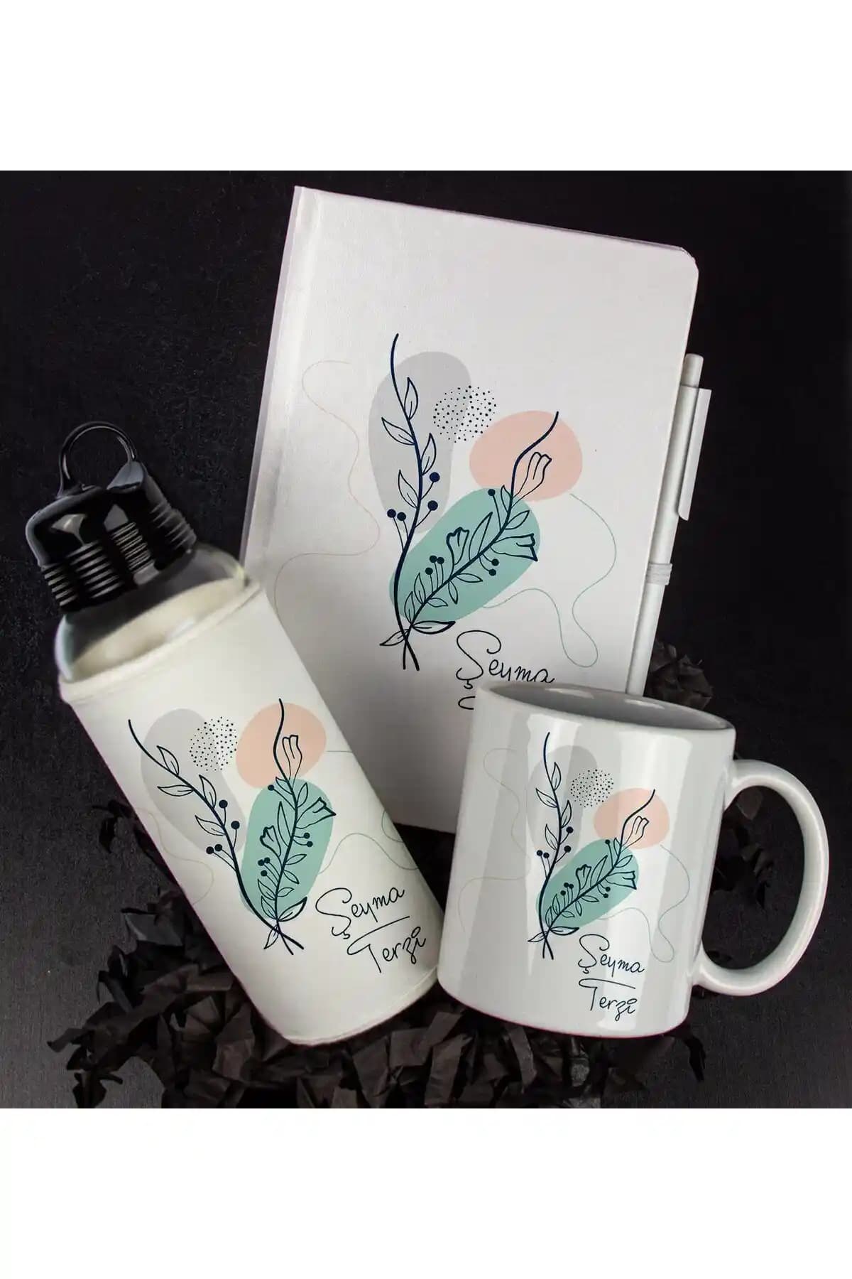 Kişiye Özel Tasarım Defter Kalem Kupa Matara Hediye Seti – Beyaz Porselen Çiçek Deseni