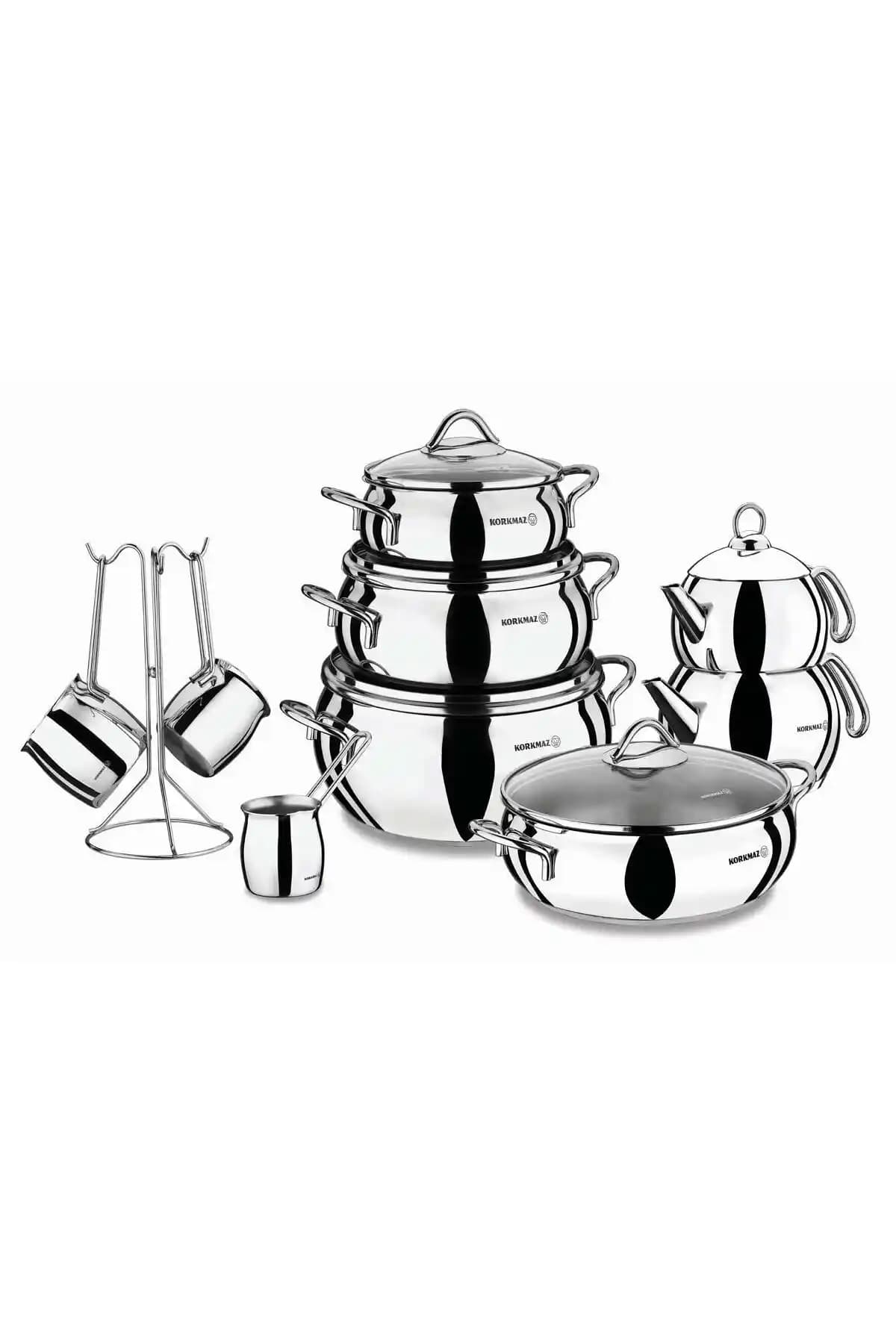 KORKMAZ Tombik 16 Parça Hiper Seti A1749: Indüksiyon Uyumlu Paslanmaz Çelik Tencere Seti