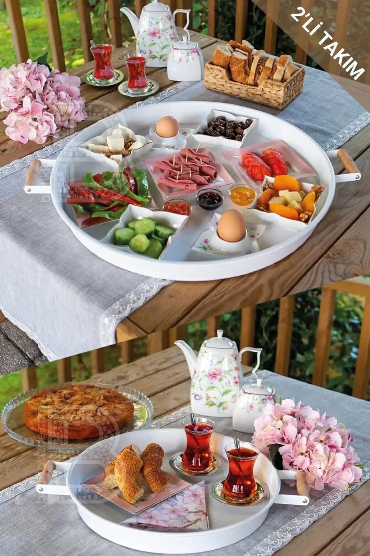 Li Ahşap Kulplu Beyaz Tepsi Seti: 51 cm ana tepsi ve 37 cm yan tepsiyle çay-kahve sunumu