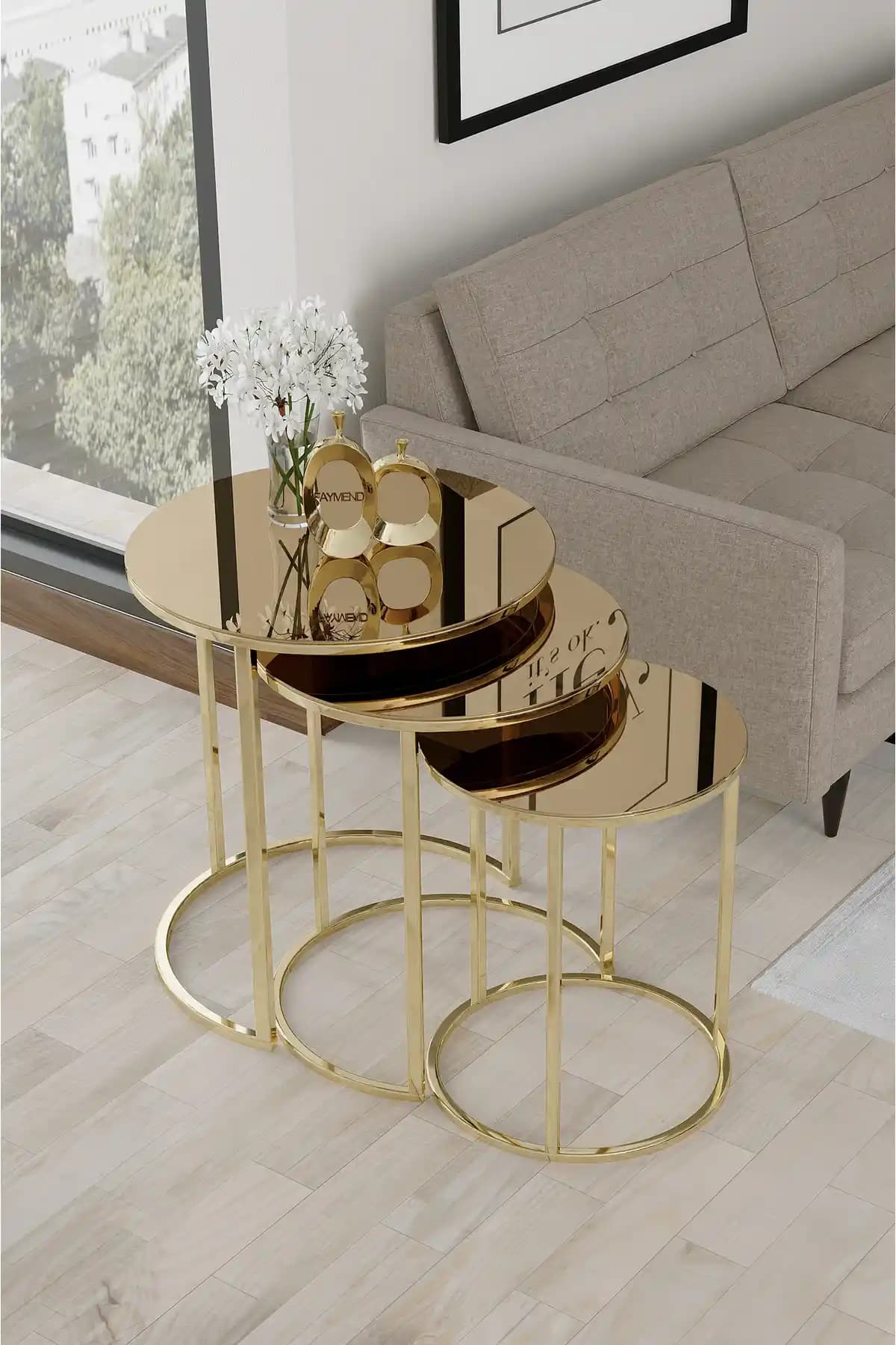 LİV Üç Parçalı Zigon Sehpa Seti – Bronz Aynalı Üst Yüzey, Altın Kaplama Metal