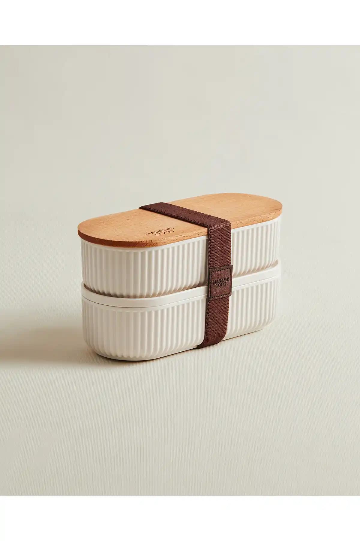 Madame Coco Magou 500ml Ahşap Kapaklı 2’li Beslenme Kutusu, Plastik Gövde ile Günlük Kullanıma Uygun Tasarım
