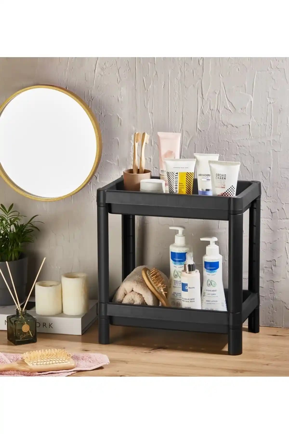 Minty Life Vesken 2 Katlı Siyah Raf Ünitesi: Lavabo ve Tezgah Altı İçin Pratik Düzenleyici