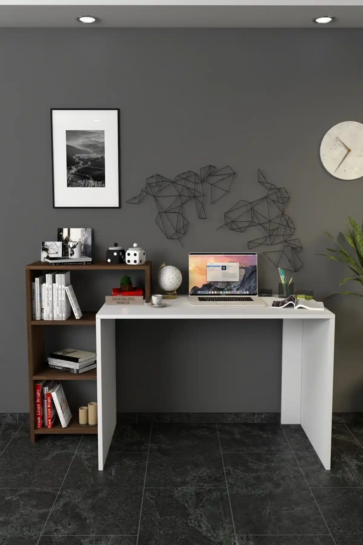 Moonlife Ahsen Kitaplıklı Çalışma Masası Beyaz Ceviz - Şık ve Fonksiyonel Ev Ofisi