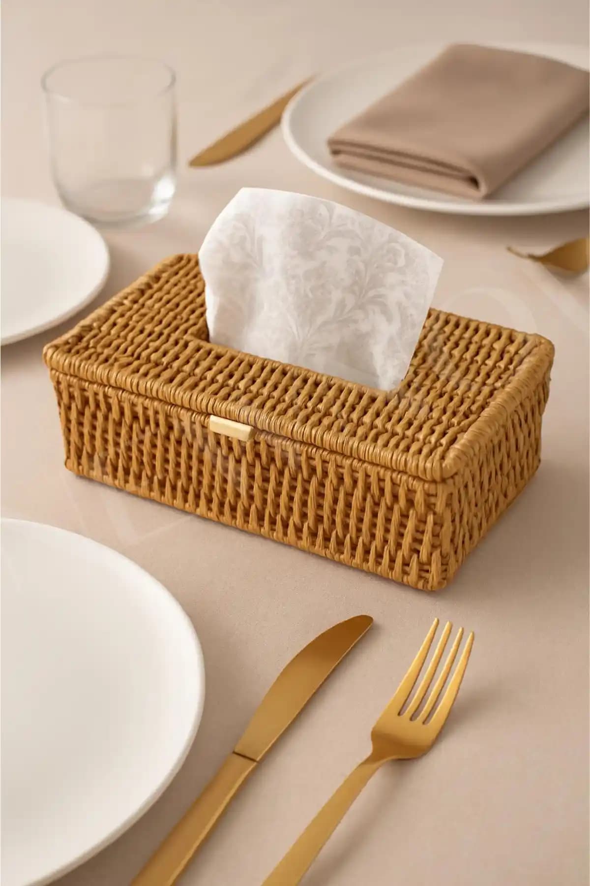 NEWNOW Örme Doku Peçetelik ve Masa Üstü Depolama 24x13x9 cm – Hasır Kahverengi