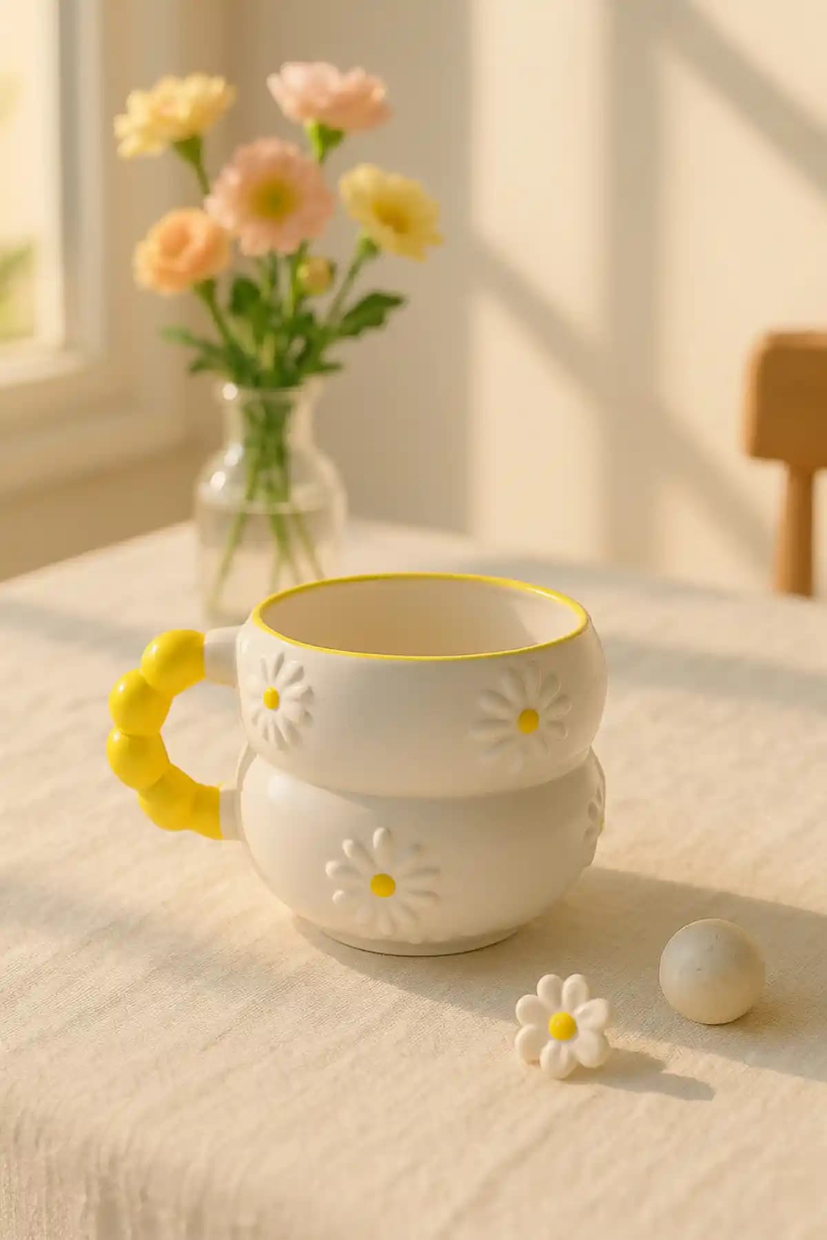 SırART Boncuk Kulp Katmerli Sarı Papatya Desenli Seramik Kupa İnceleme ve Özellikler