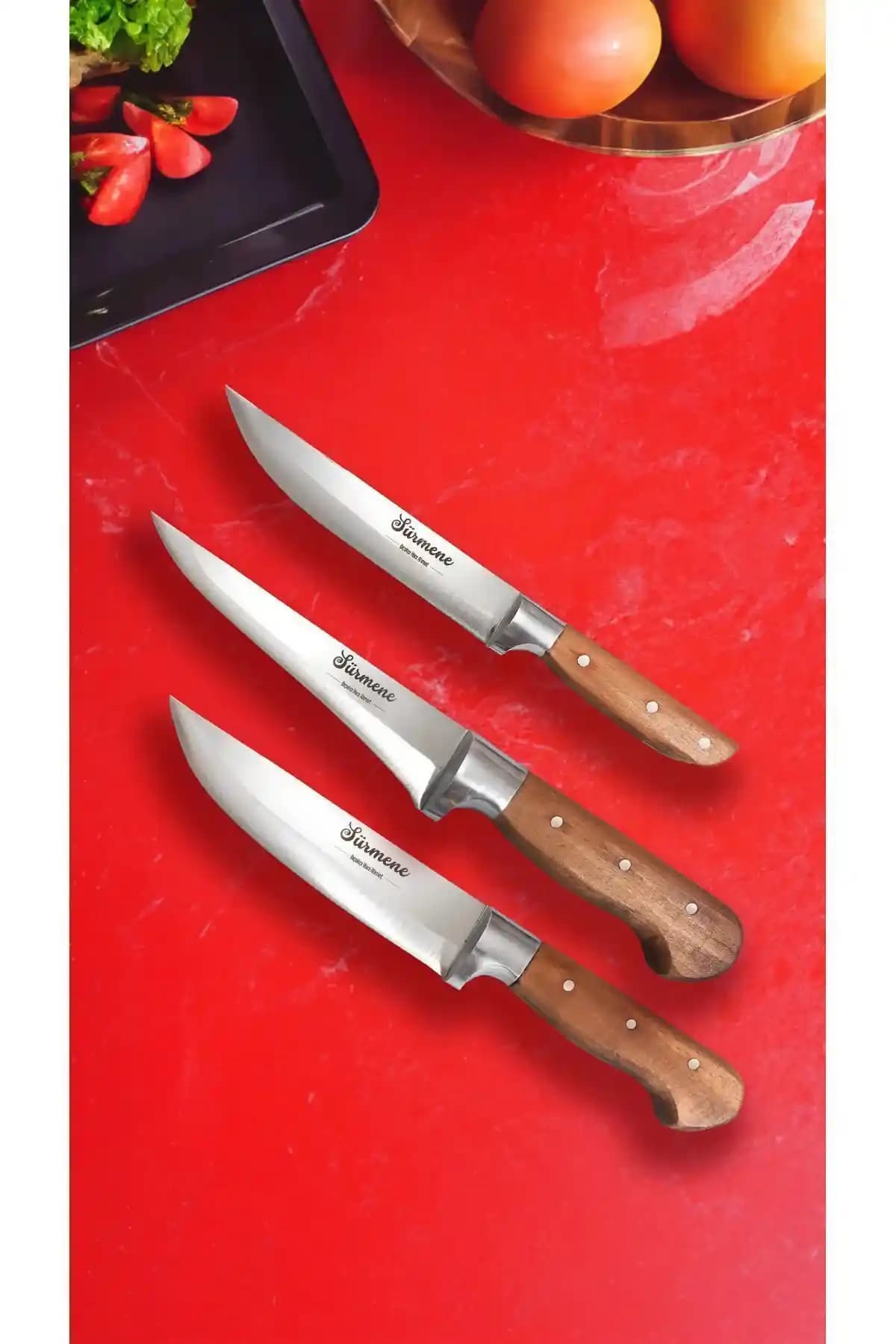 Sürmene kökenli Hacı Ahmet Bıçak Seti (3’lü): paslanmaz çelikle güvenli dilimleme