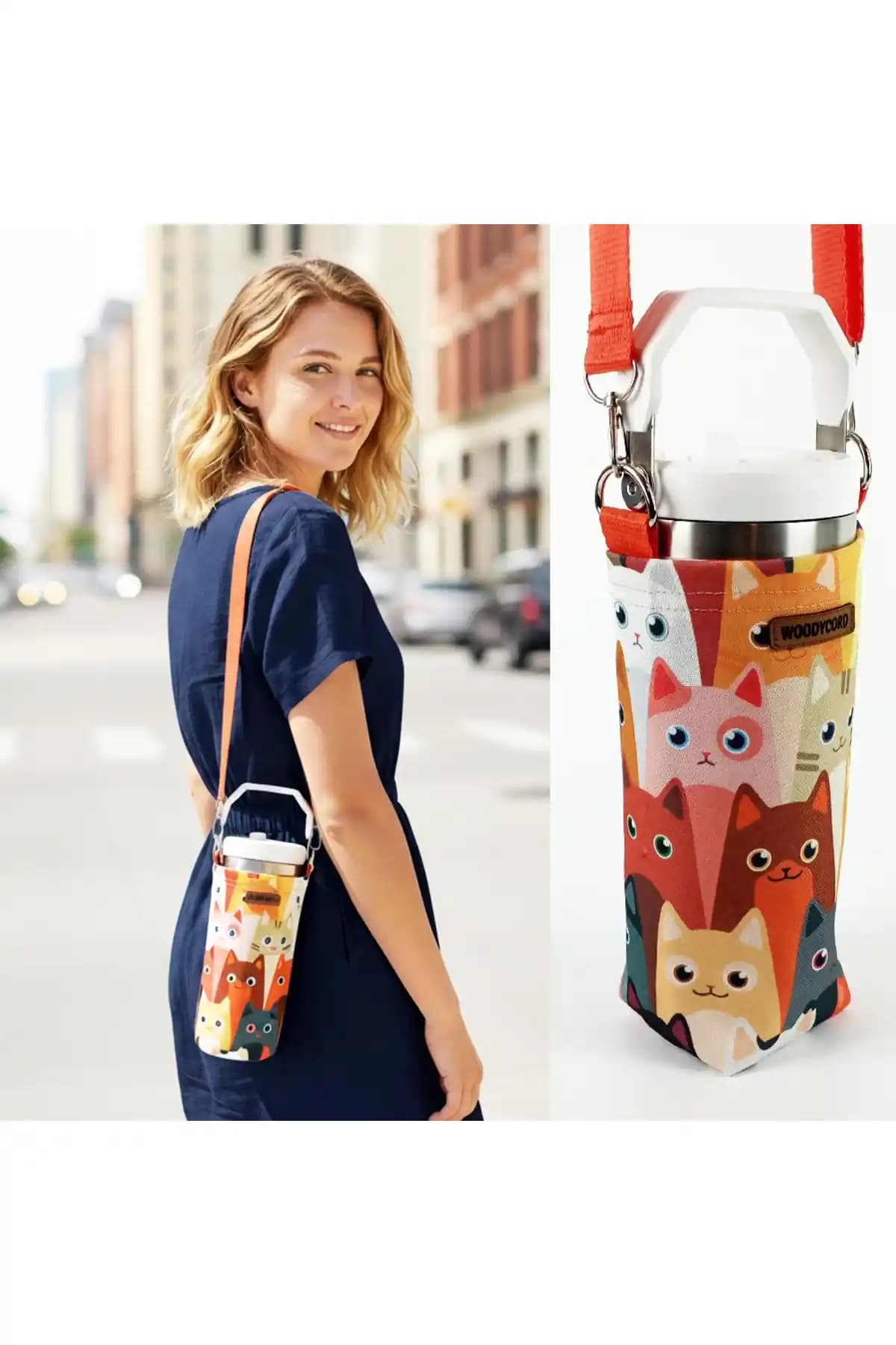 Woody Cord El Yapımı Çok Renkli Metal Matara Kılıfı 1 L Kapasiteli Çapraz Taşıma