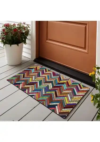 Zigzag Nakışlı Dijital Baskılı Kapı Önü Paspası 50x70 cm - İç ve Dış Çok Amaçlı Dekoratif