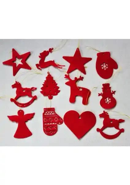 Mini Tasarım Atölyem 12'li Kırmızı Keçe Yılbaşı Ağacı Süsü ile Dekorasyonunuzu Canlandırın