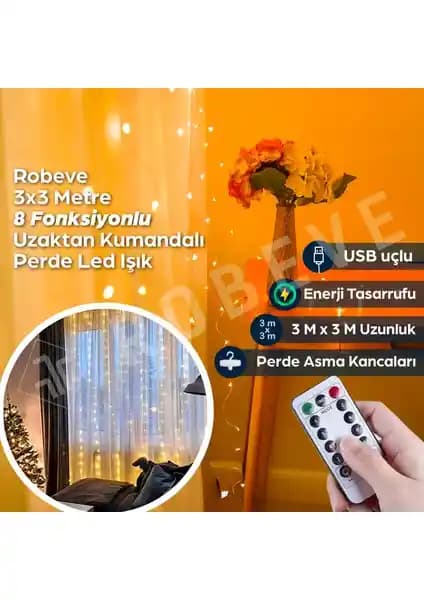 Robeve 3x3 Metre Peri LED Dekoratif Işık Perdesi Çok Yönlü Aydınlatma Çözümü