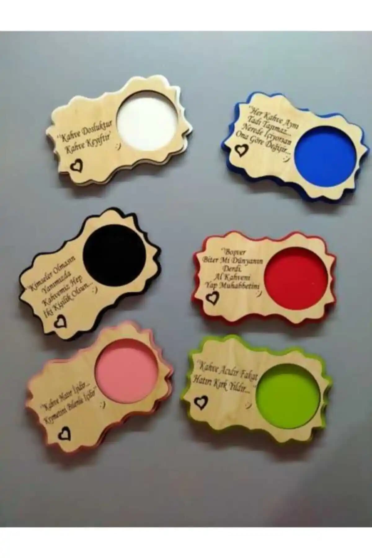 6 Adet Ahşap Lazer Kesim Fincan Bardak Altlığı Seti - Dayanıklı ve Renkli Kahve Altlıkları