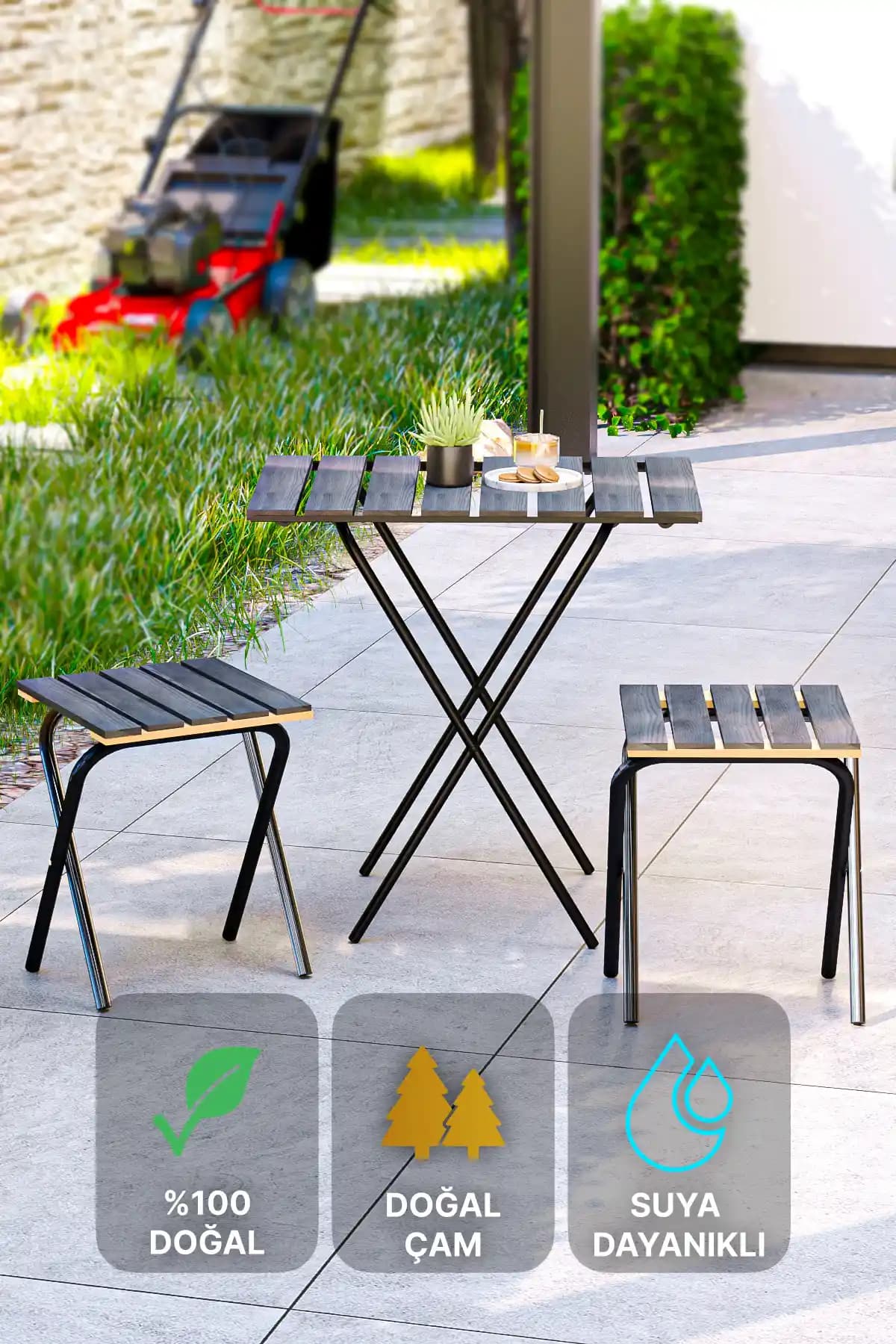 Bino 3'lü Ahşap Yükseklik Ayarlı Bahçe ve Kamp Masası Seti Retro Tasarımla