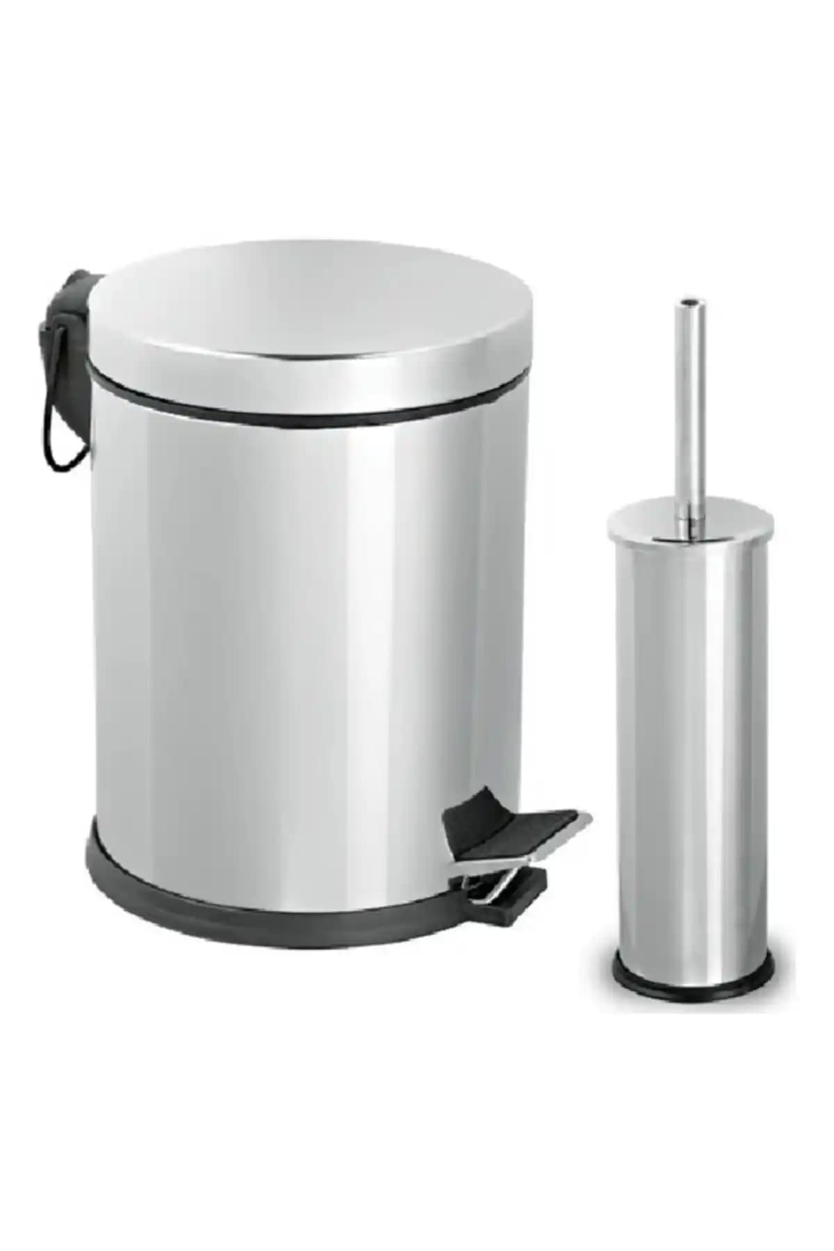 CAMERO 5 Lt Micro Pedallı Paslanmaz Krom Çöp Kovası ve WC Fırçalık Seti
