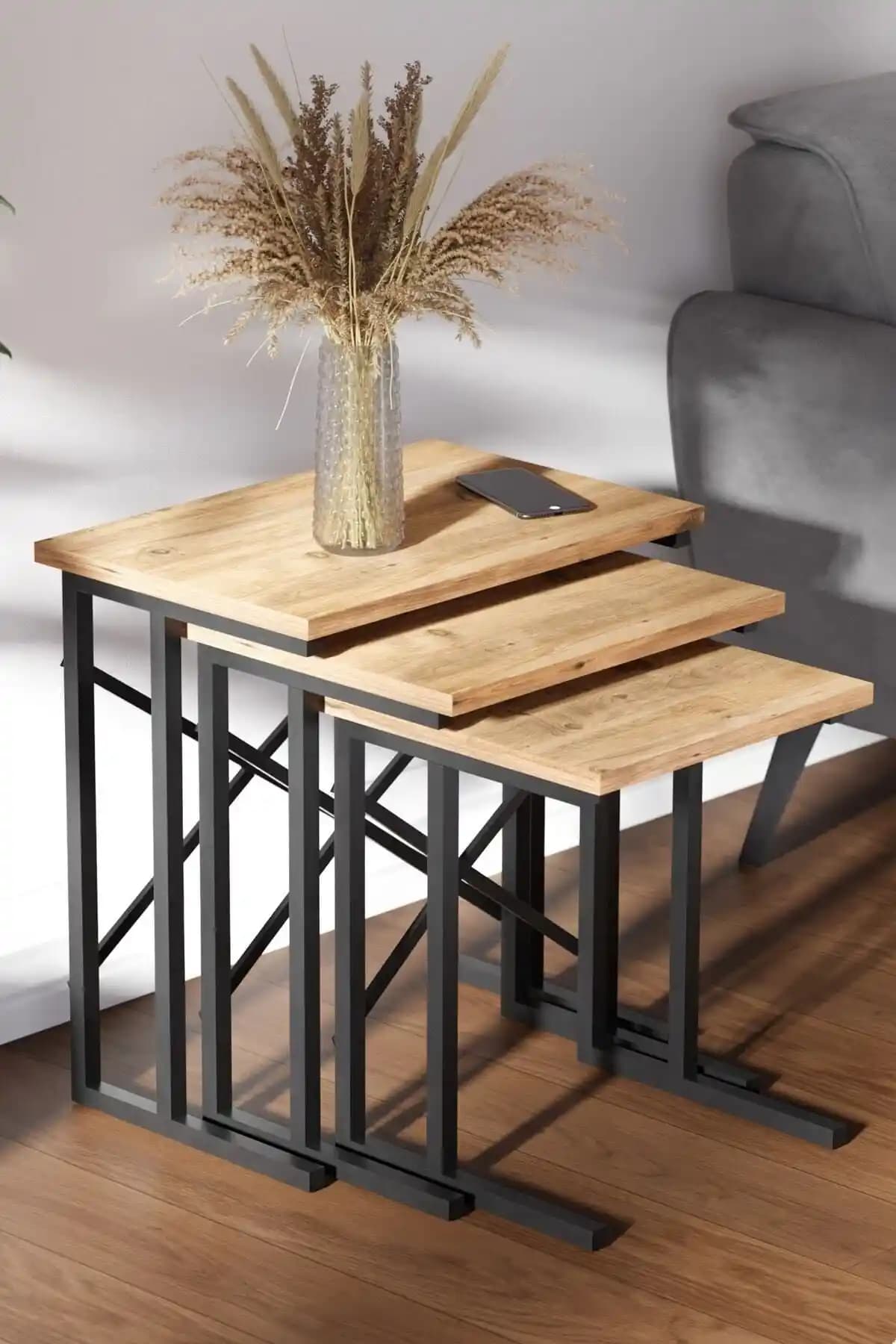 Ceramical Zg2 Metal Ayaklı Zigon Sehpa - Çam Rengi Modern İskandinav Tasarımı