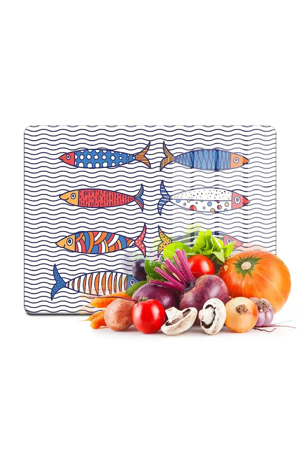 Decovetro Cam Kesme Tahtası ve Sunumluk Marine Sardini 30x40 cm Mavi Tasarım