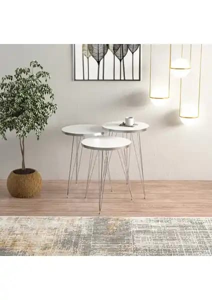 Ege Modüler Beyaz Gümüş Metal Ayaklı 3'lü Zigon Sehpa ile Modern ve Fonksiyonel Tasarım