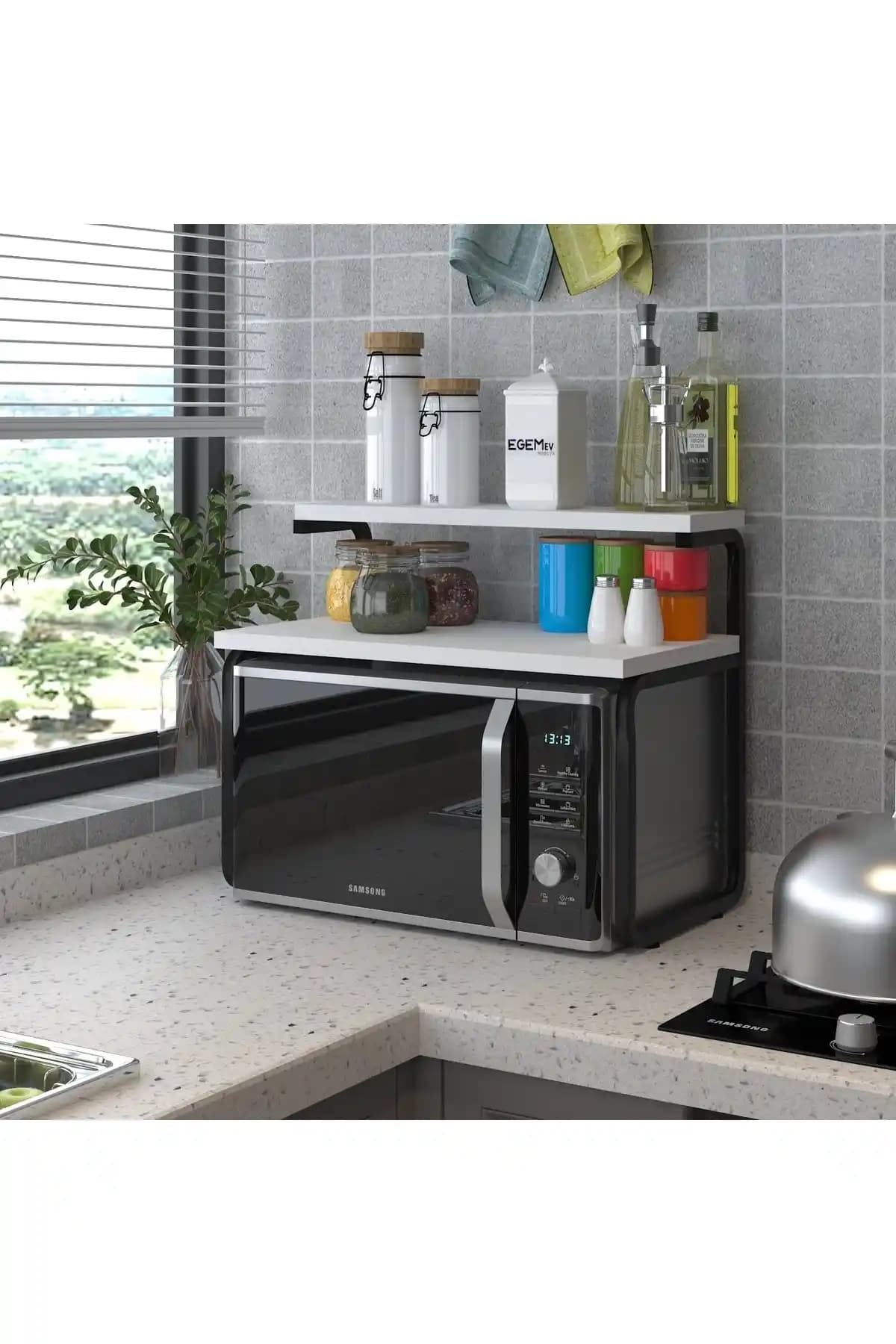 EGEMEV Tezgah Üstü Metal Raflı Mikrodalga Fırın Standı ile Mutfak Düzeni Sağlayın