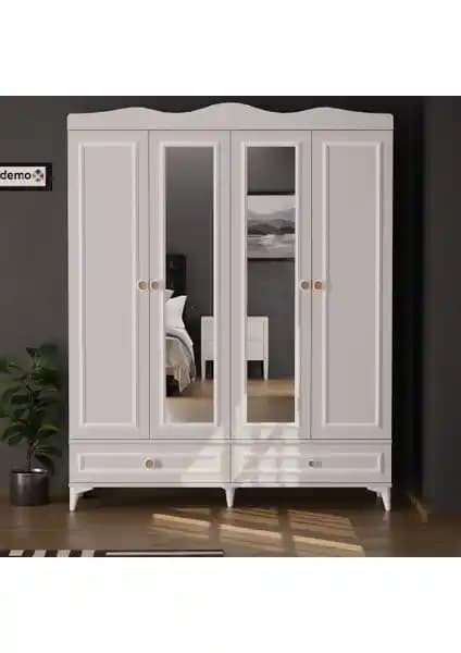 EVDEMO Nova 4 Kapaklı 2 Çekmeceli Aynalı Beyaz Gardırop – Modern ve Fonksiyonel Tasarım