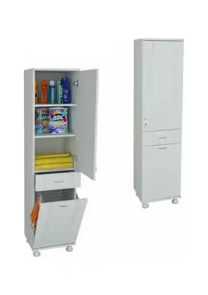 Evistro Lake Çok Amaçlı Banyo Boy Dolabı Çamaşır Sepetli, Fonksiyonel ve Dayanıklı Tasarım