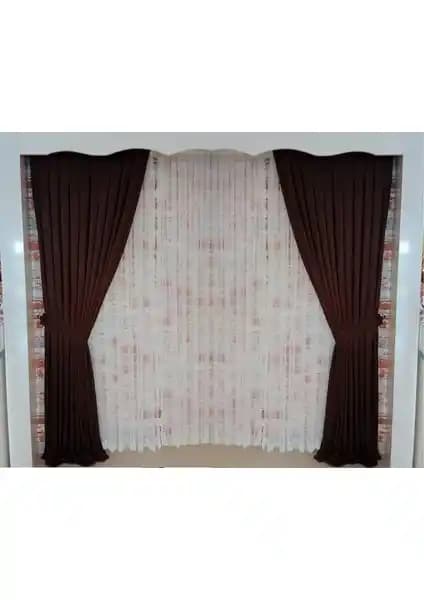 Figen Perde Acı Kahve Kadife Fon Perde Çift Kanat 1/3 Sık Pileli Model