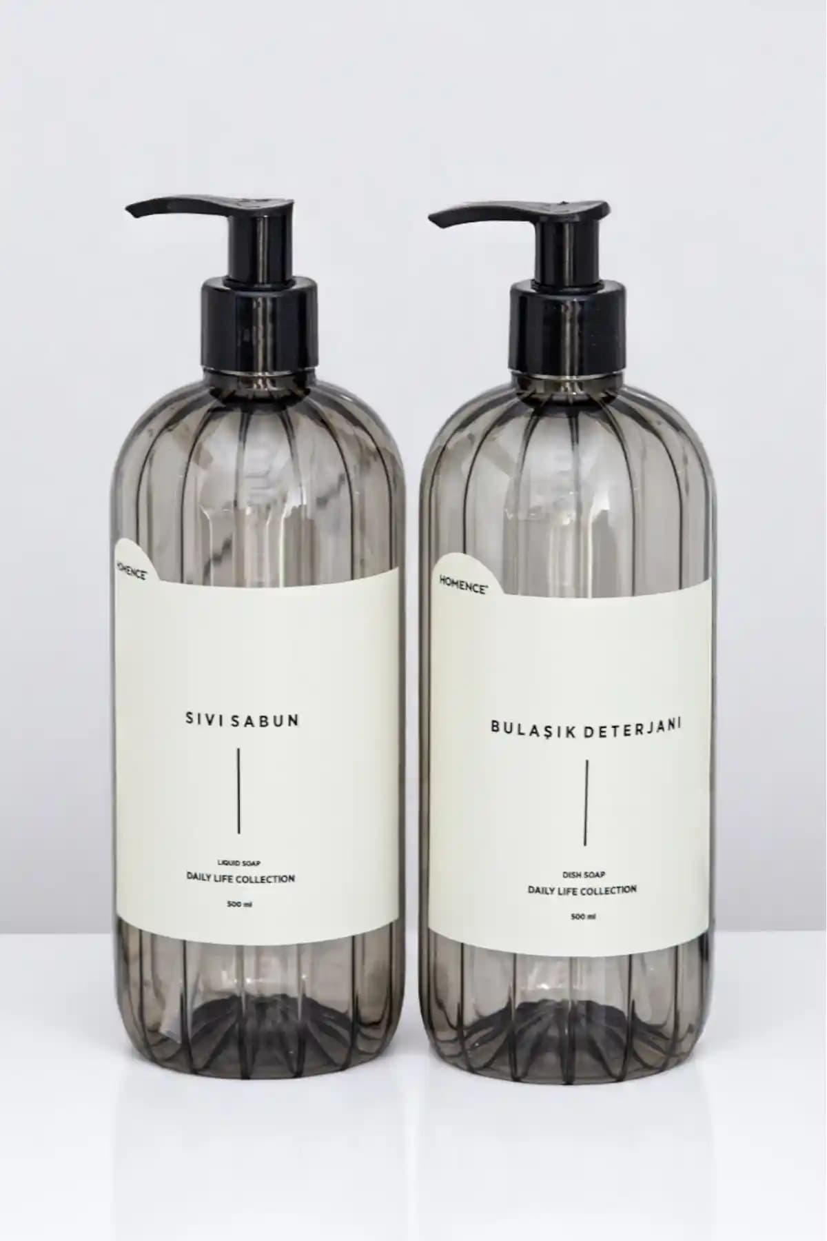 Homence 2'li Füme Renk Plastik Sıvı Sabunluk ve Bulaşık Deterjanı Seti 500 ml