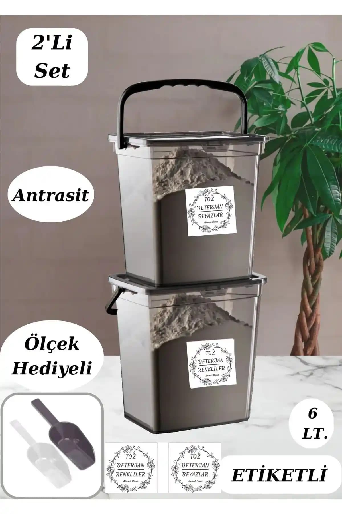 Homesea Mega Boy 2'li 6 Litre Kulplu Kare Un ve Bakliyat Saklama Kabı Antrasit