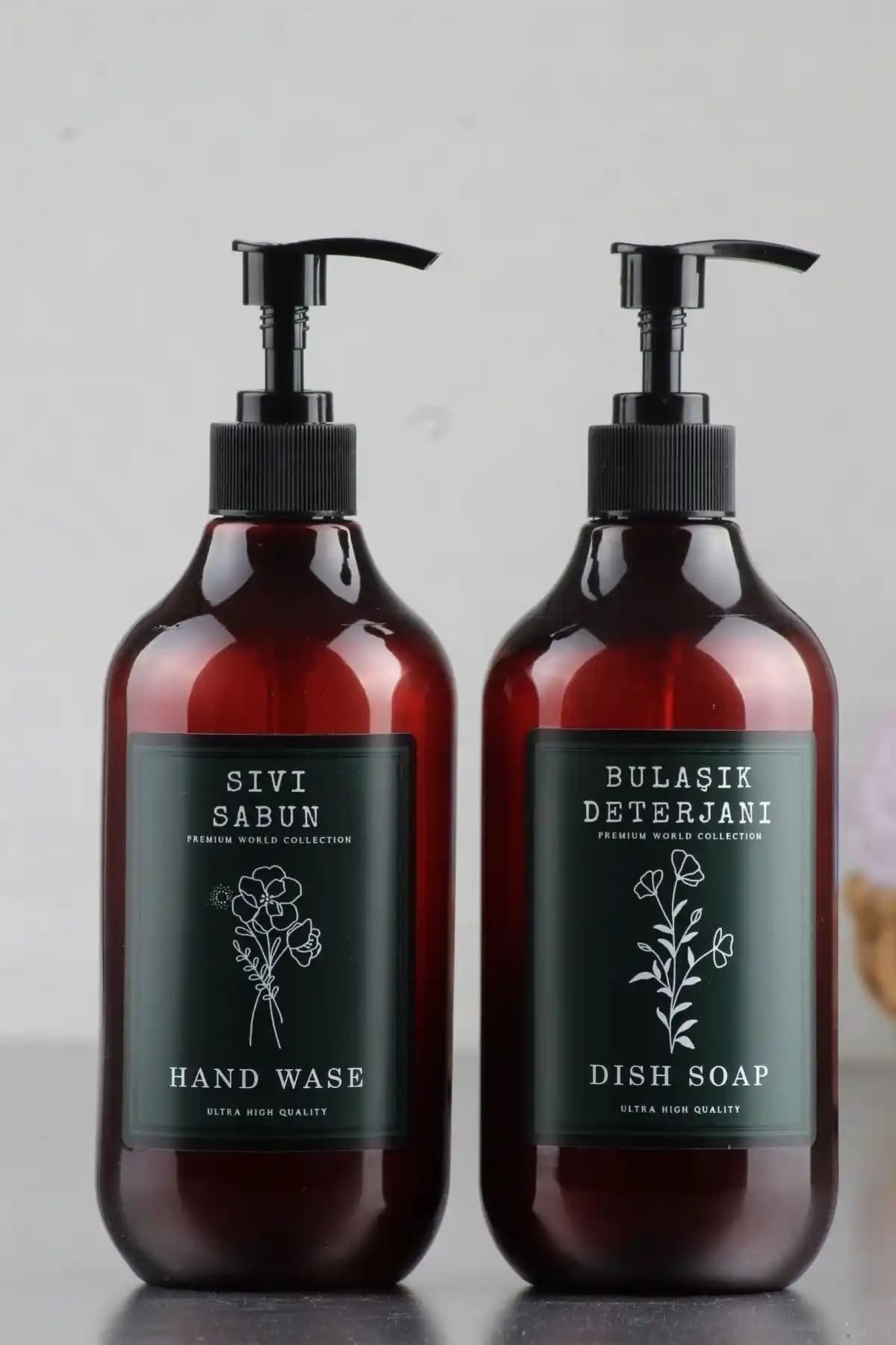 İncili Home Amber 2'li 500ml Yeşil Bulaşık Deterjanı ve Sıvı Sabun Şişesi Seti