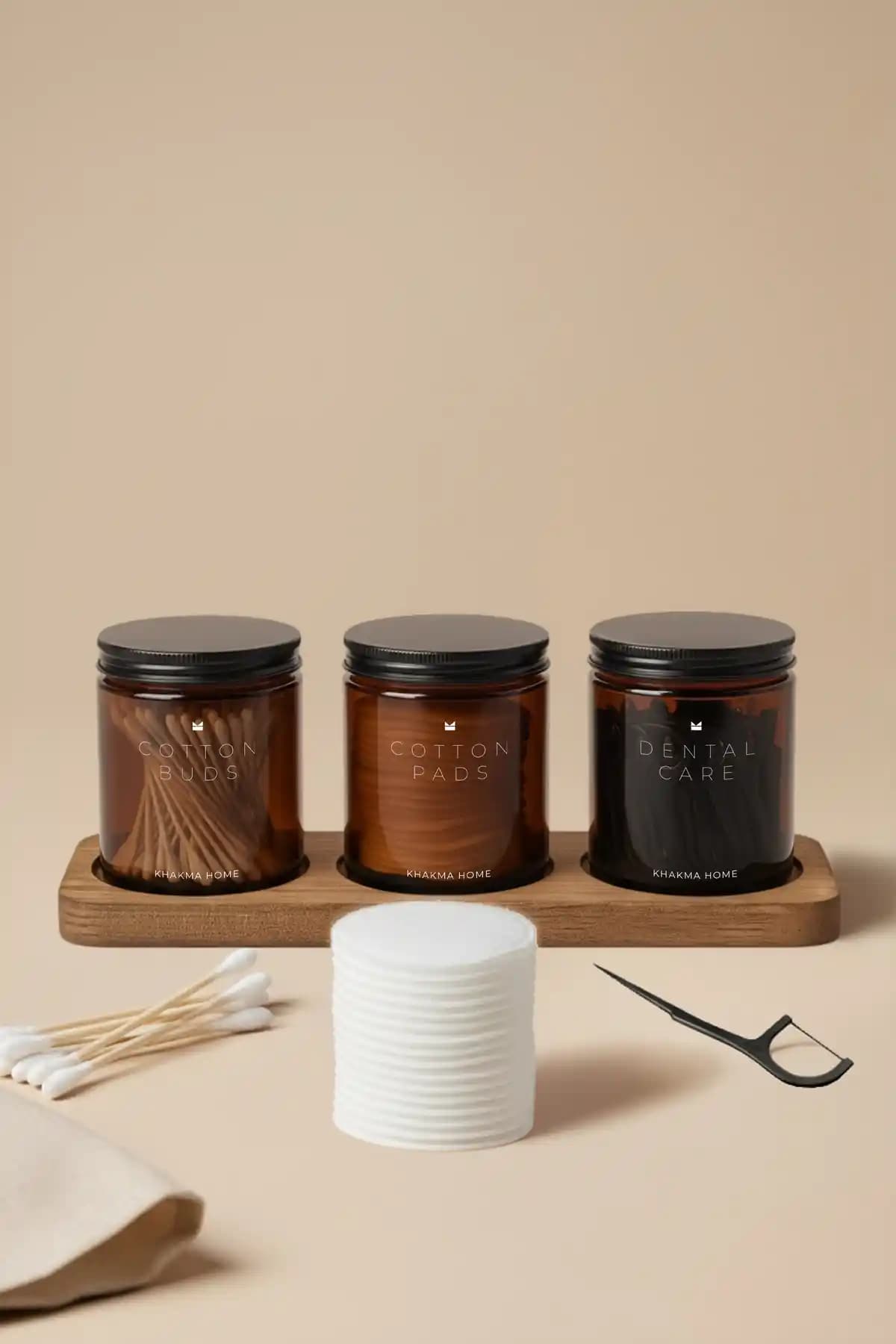 KHAKMA Ahşap Standlı Amber Cam Banyo Organizer Seti ile Şık ve Fonksiyonel Düzen