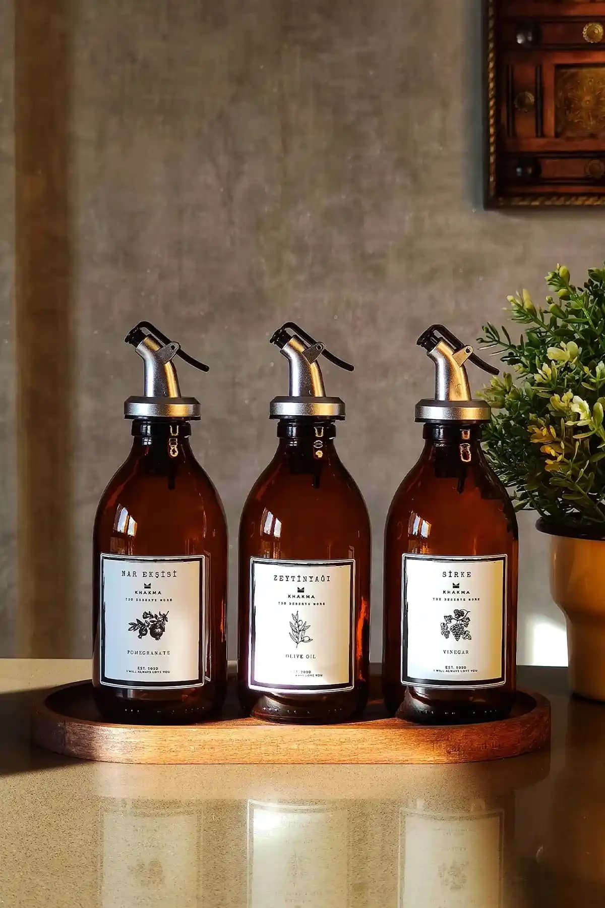 KHAKMA Meftune Oval Ahşap Stantlı Amber Yağdanlık Seti 3'lü 300ml Kapasiteli