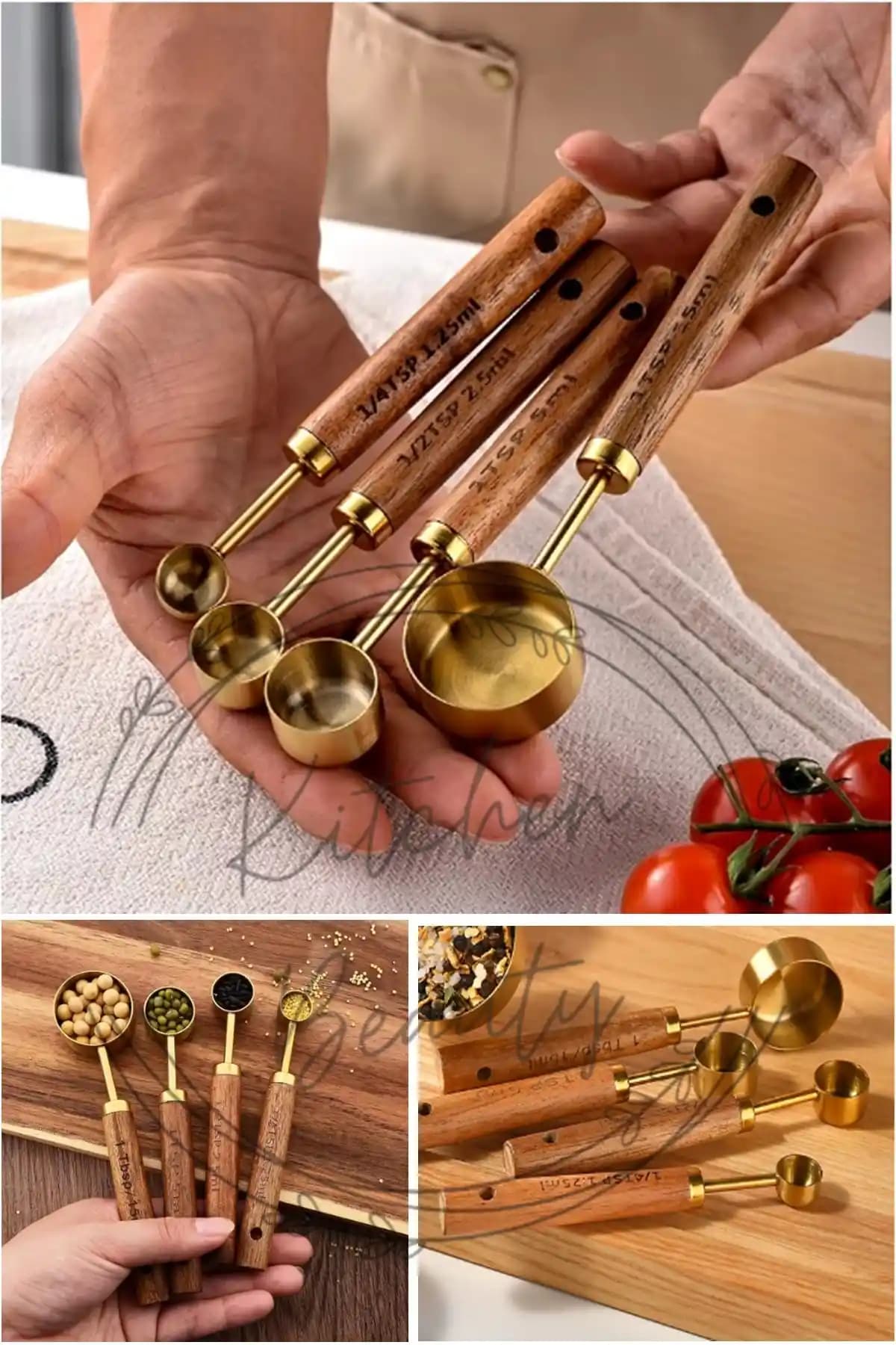 Kitchen Beauty 4 Parça Altın Renk Paslanmaz Çelik ve Ahşap Saplı Ölçü Kaşığı Seti