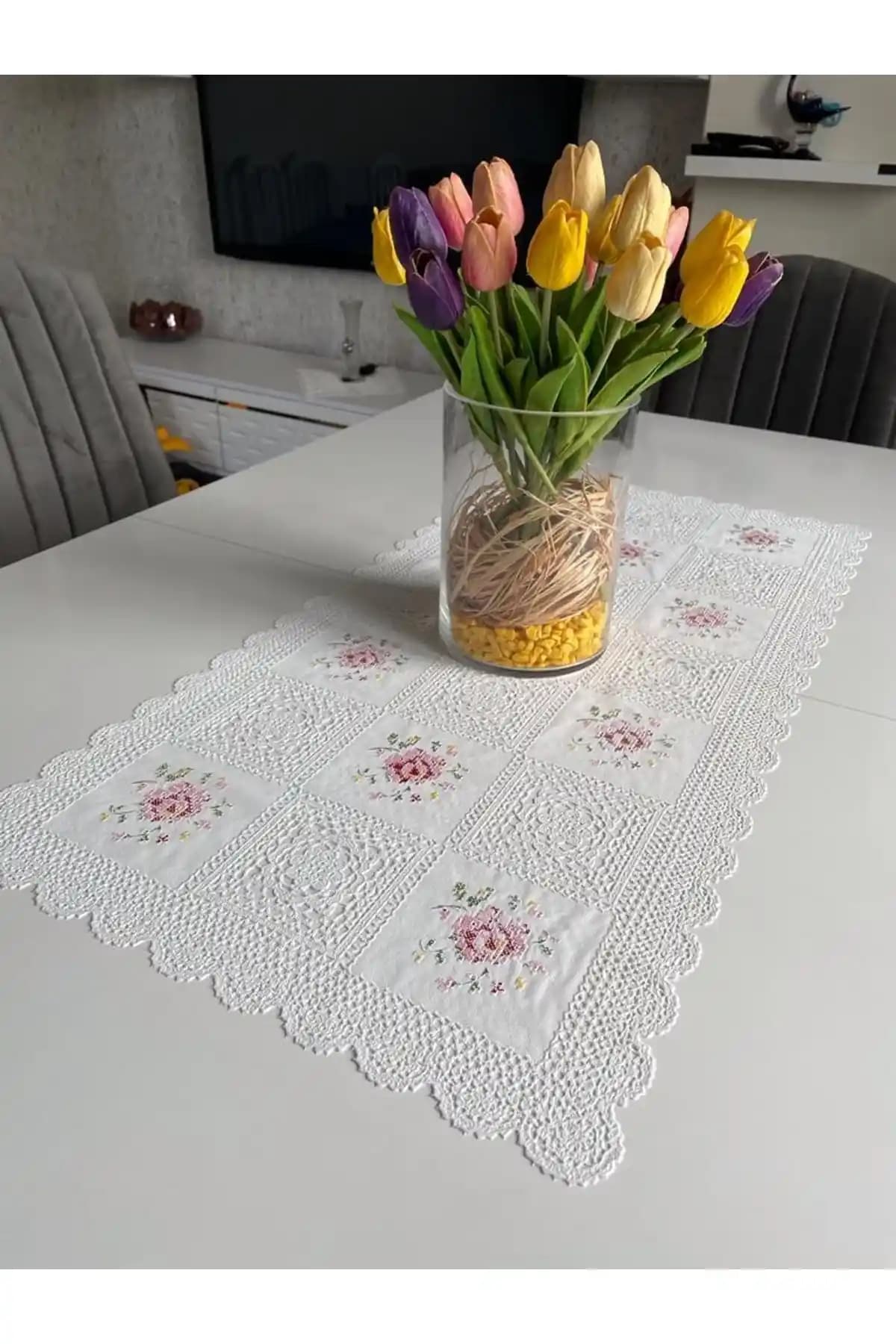 LİMAY Dantel Görünümlü PVC Leke Tutmaz Yıkanabilir Runner Masa ve Dolap Örtüsü