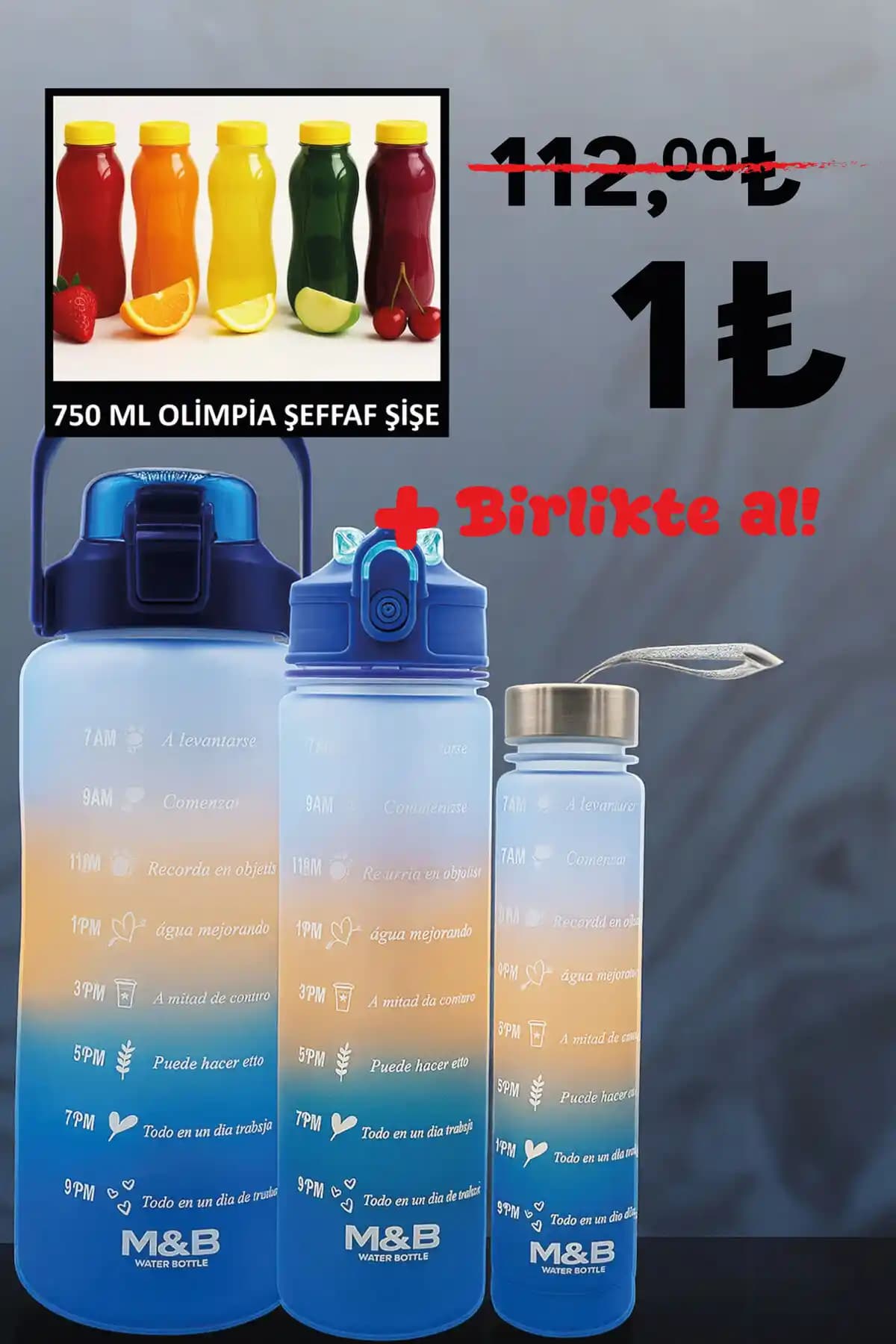 M&B Water Bottle 3'lü Motivasyonel Matara Seti ile Günlük Su Tüketiminizi Artırın