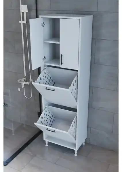 Makbulce Nergiz Çok Amaçlı Banyo Dolabı: Kirli Sepetli, Beyaz Lake Tasarım ve Fonksiyonellik