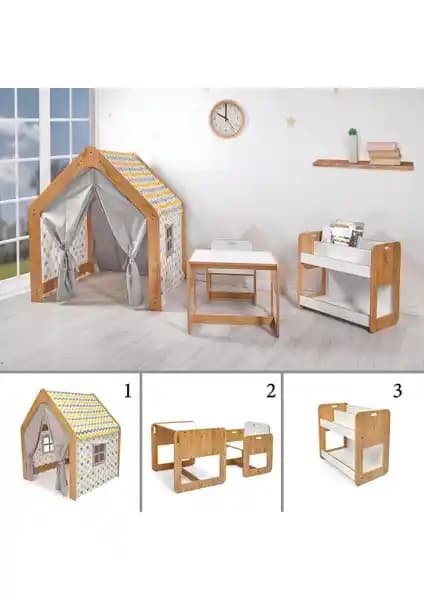 Minera Kumru Model Çocuk Çalışma, Oyun Masa Sandalye Kitaplık ve Oyun Evi Seti