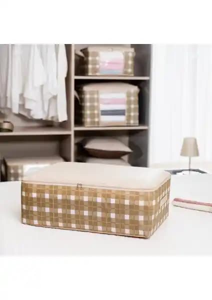 Nacarev Büyük Boy Kare Desenli Ekose Bej Baza Altı Düzenleyici Hurç - Fonksiyonel ve Estetik Saklama Çözümü