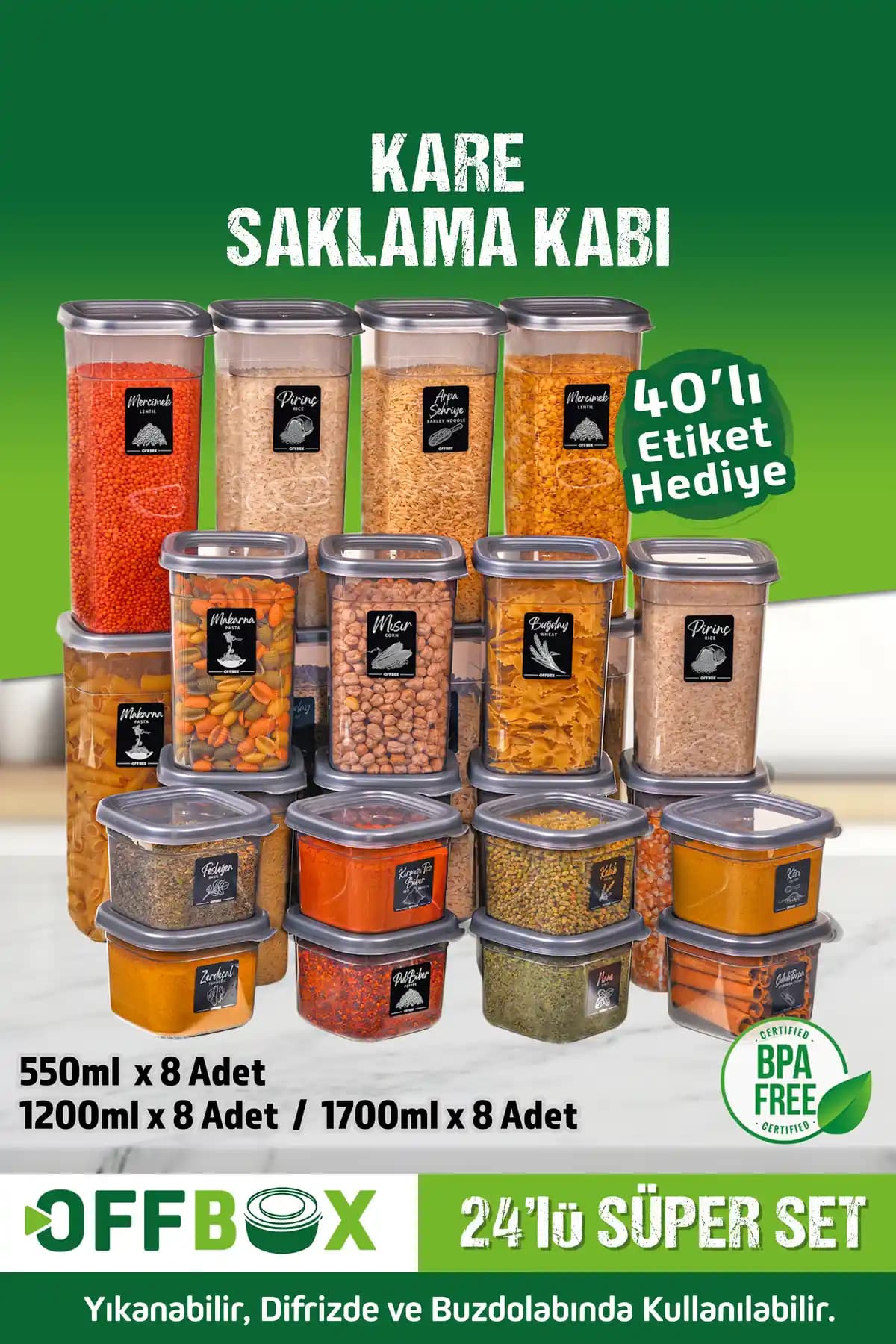 OFFBOX 24 Adet 48 Parça Kare Erzak Saklama Kabı Seti - Fonksiyonel ve Sağlıklı Saklama Çözümü