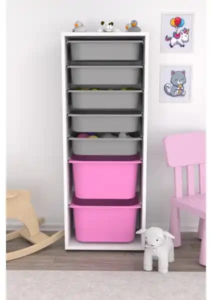 Pratico 7 Sepetli Pembe Gri Çok Amaçlı Oyuncak Dolabı - Fonksiyonel ve Estetik Depolama Çözümü