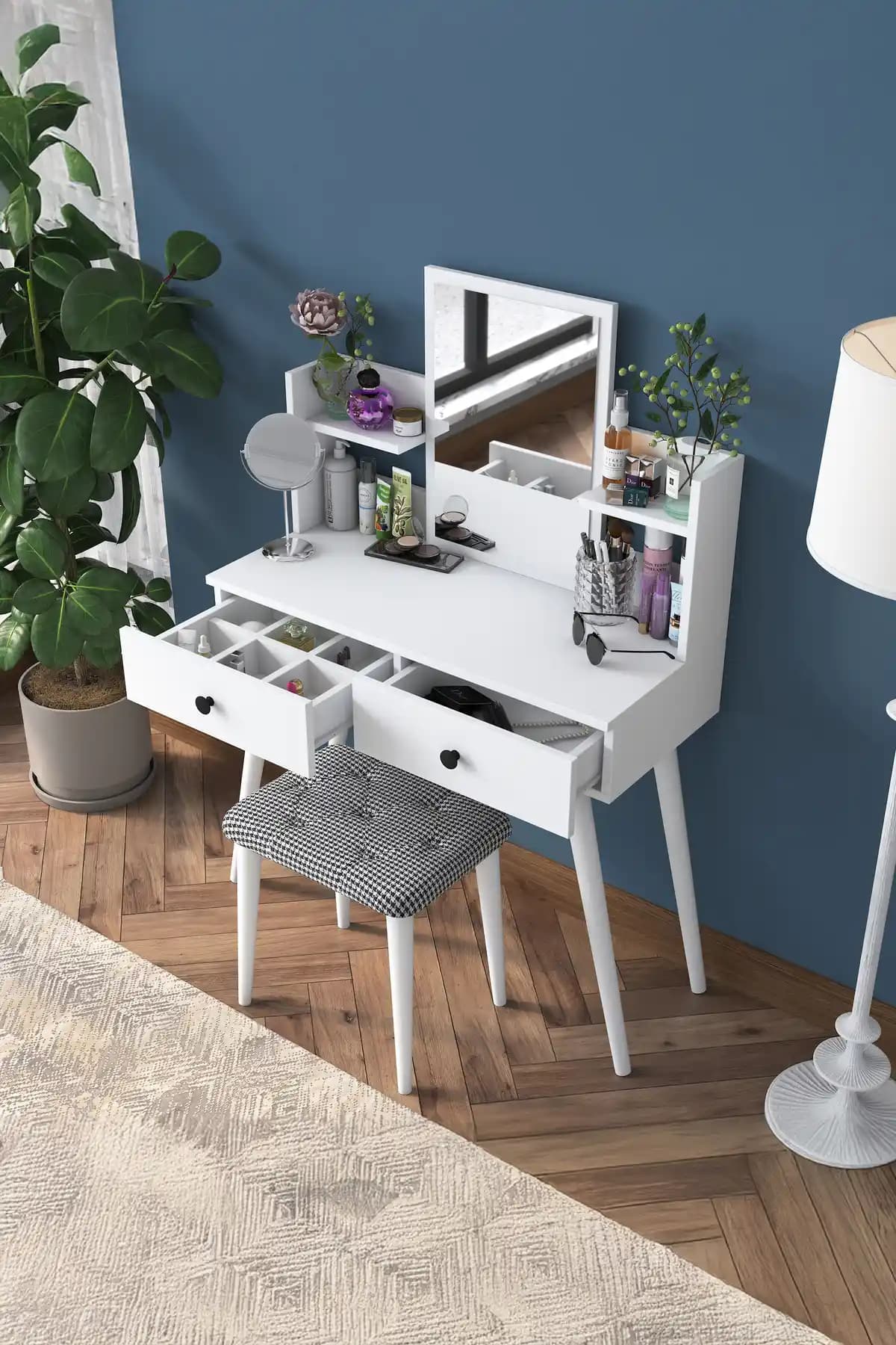 Rani Mobilya BJ102 Beyaz Retro Stil Makyaj Masası – Şıklık ve Fonksiyonellik