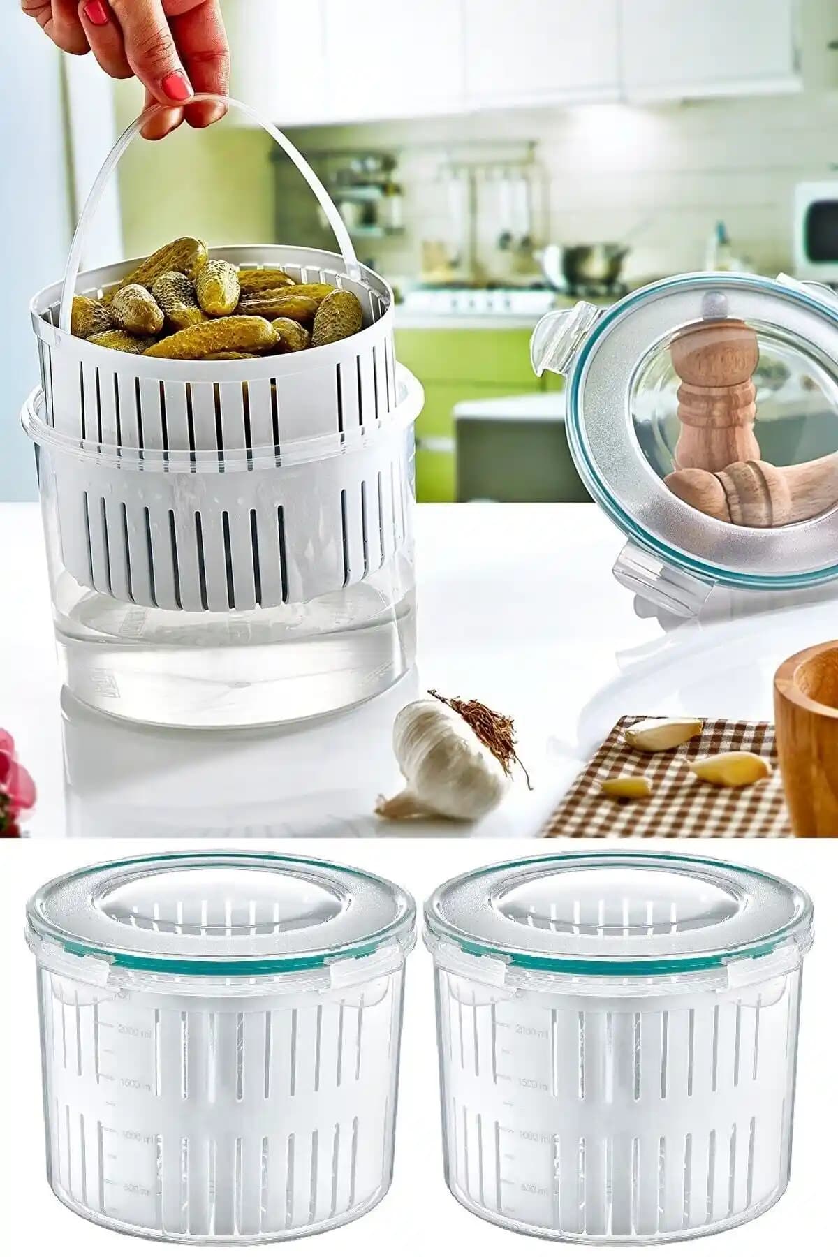 TEMMUZ HOME 2,5 Lt Büyük Boy Süzgeçli Turşuluk ve Saklama Kabı Seti