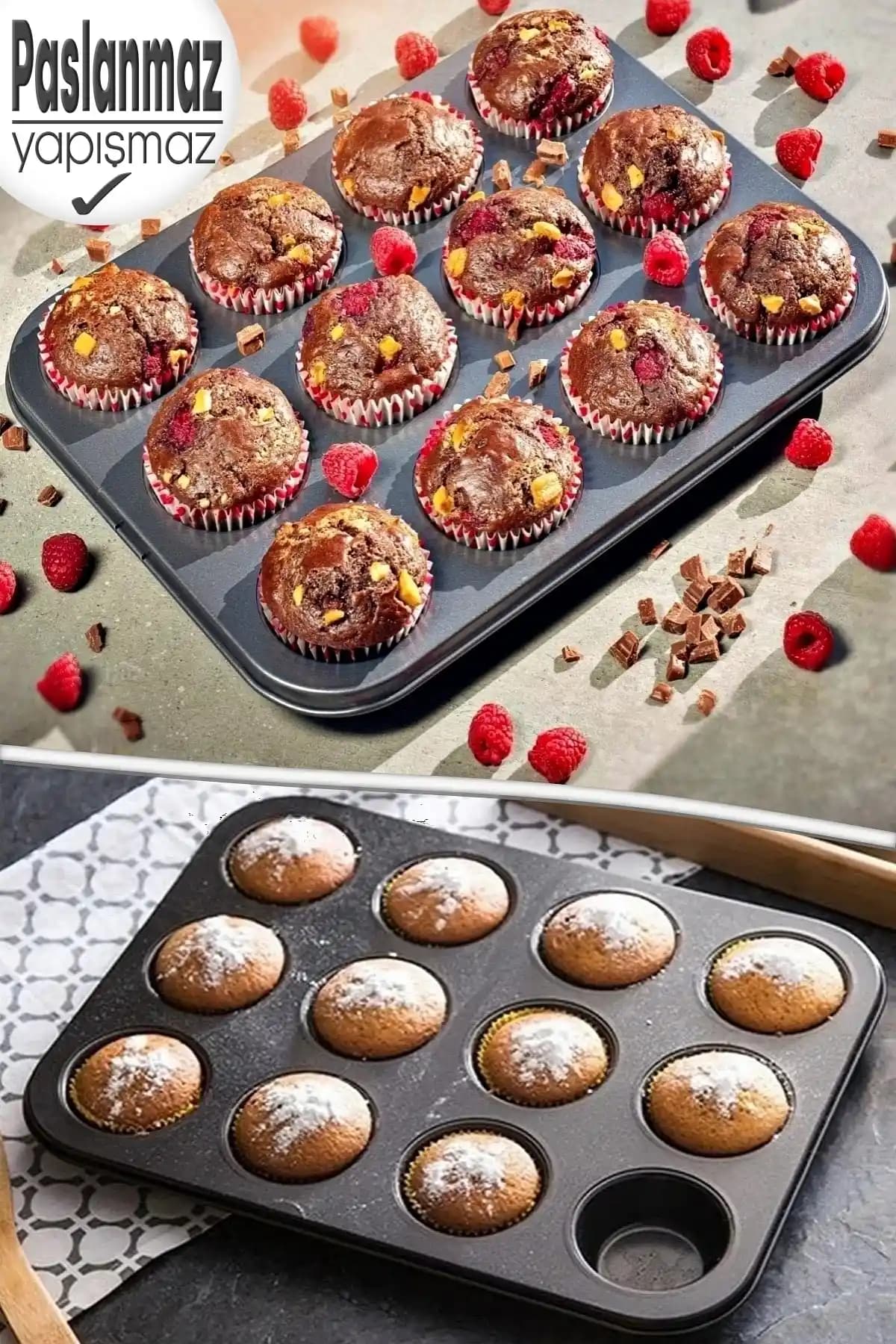 Tilbe Home Muffin Kalıbı: Karbon Çelik, Teflon Kaplamalı 12'li Dayanıklı Pişirme Kalıbı