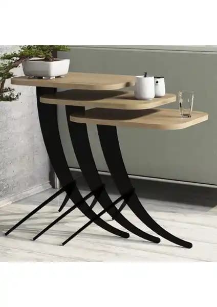 Variant Pion Metal Ayaklı 3 Lü Zigon Sehpa - Meşe Renkli Modern ve Dayanıklı Tasarım