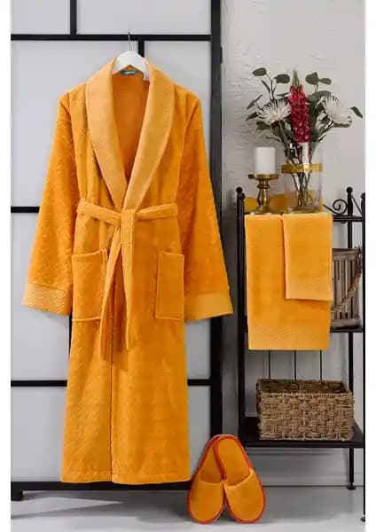 Vevien Home 4 Parça Ansaaj Hardal Kadife Jakarlı Bornoz Takımı - Konfor ve Şıklık